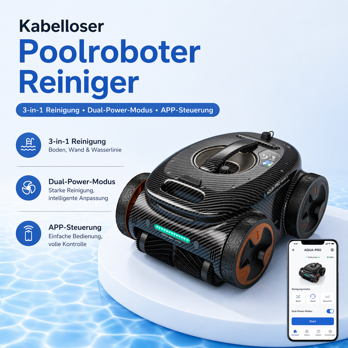3-in-1 KI-gestützter, ultraleichter Poolreinigungsroboter aus Kohlefaser