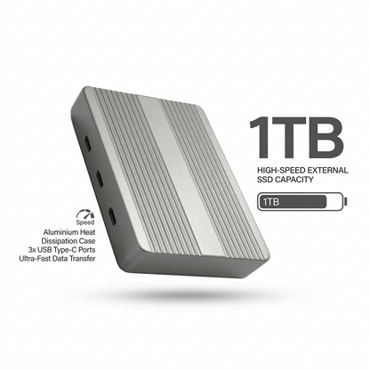 Dual-Bay-SSD-Gehäuse mit Partitionskontrolle und aktiver Kühlung.