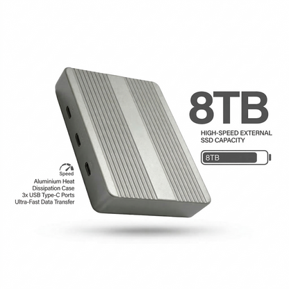 Dual-Bay-SSD-Gehäuse mit Partitionskontrolle und aktiver Kühlung.